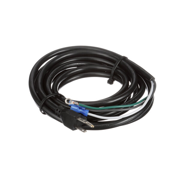 A black cable with white and blue wires.