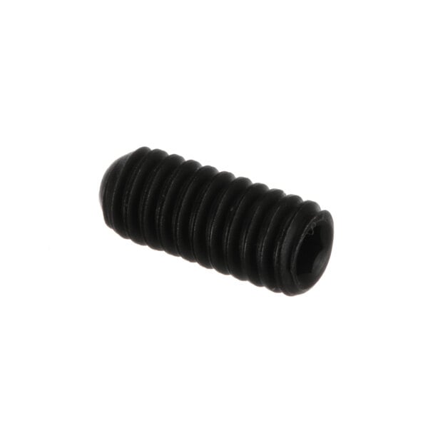 A close-up of a black screw with a hexagon head.