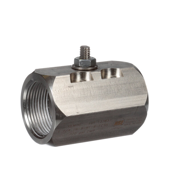 A stainless steel Frymaster valve with a nut.