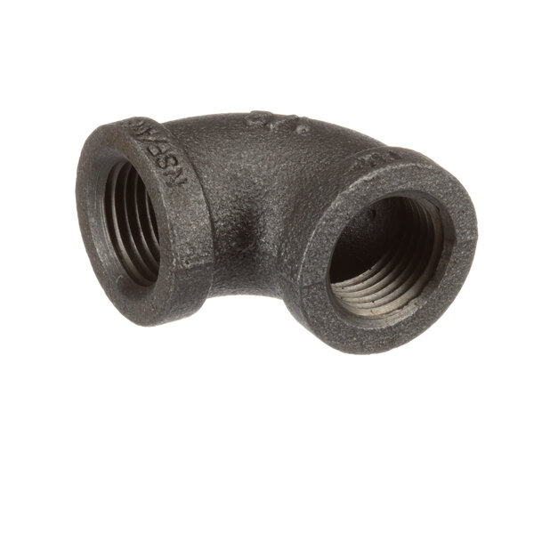 A black metal elbow pipe fitting with two nuts.