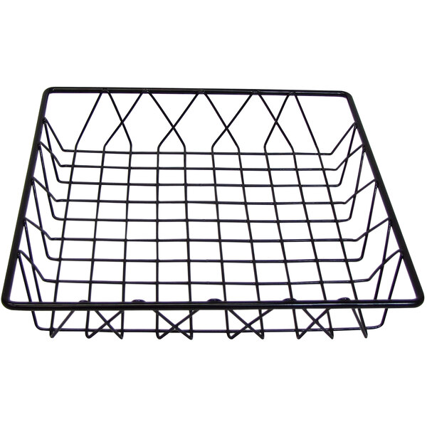 A black square wire basket with a grid on top.