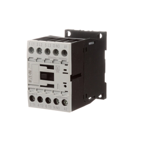 A black and white electrical contactor.