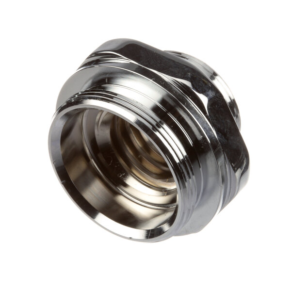 A shiny metal threaded nut with a screw on it.