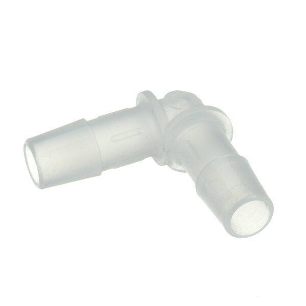 A close-up of a white plastic elbow tube connector.