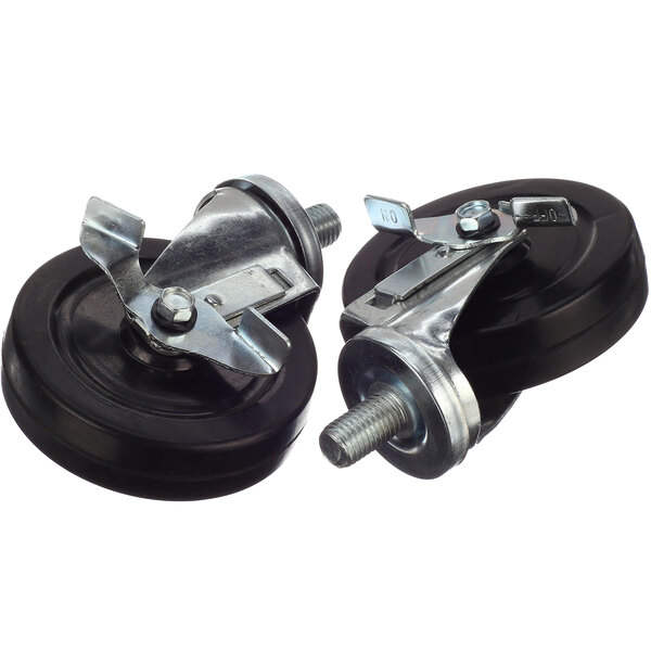 A pair of black Wells swivel casters with black rubber wheels and silver nuts.