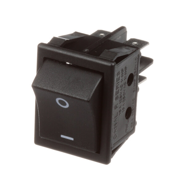 A black Antunes rocker switch with white letters.