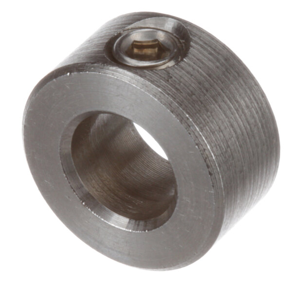 A round metal collar with a screw attached.