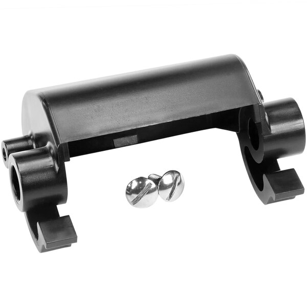 A black plastic and metal Electrolux Ram Hinge Assy bracket with two balls on it.