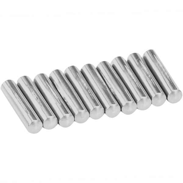 A row of silver cylindrical Electrolux Spring Cotters.