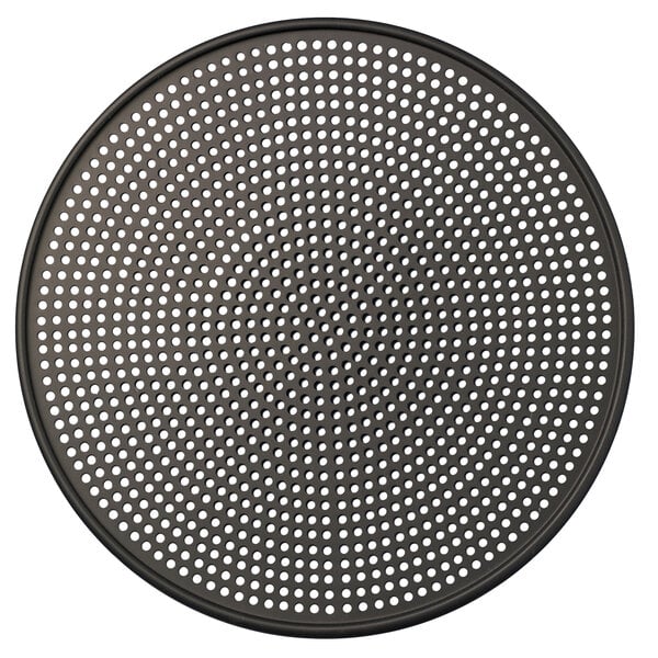 An American Metalcraft hard coat anodized aluminum round pizza screen with holes.