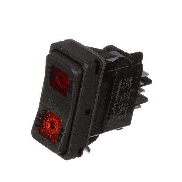 A black Crown Steam rocker switch with red lights.