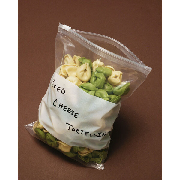 A LK Packaging plastic food bag of tortellini pasta with a white write-on block.