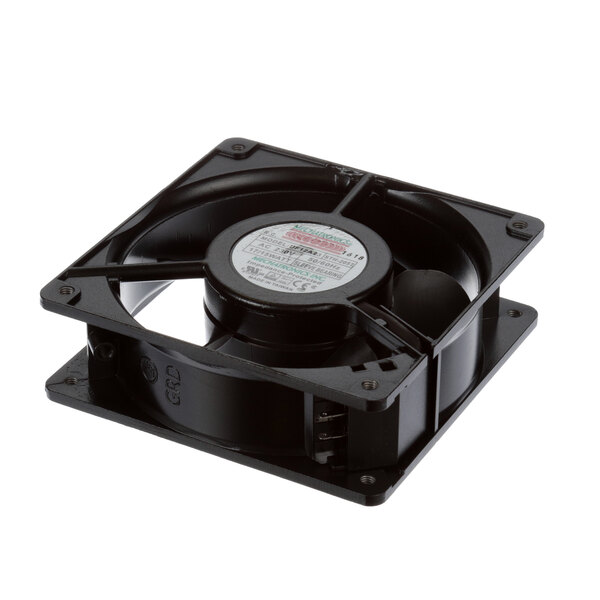A black NU-VU cooling fan with a white label.