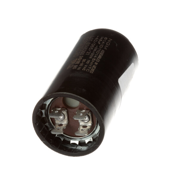 A black capacitor with silver screws.