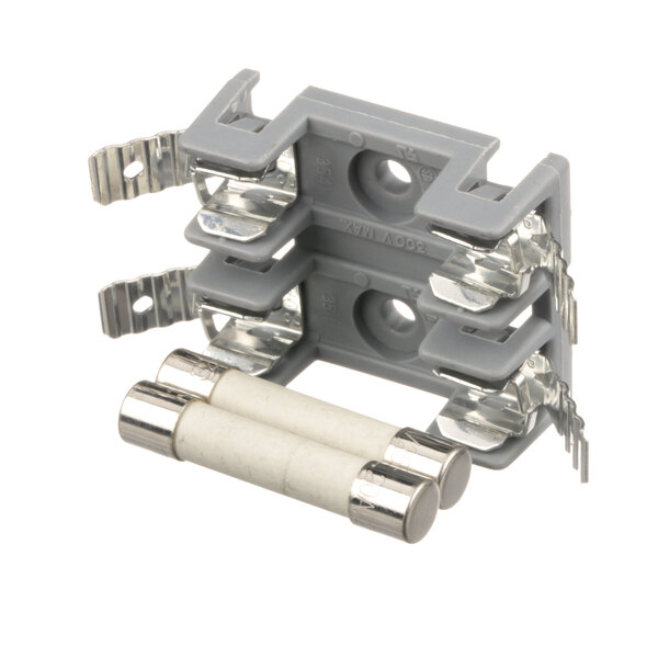 A grey plastic holder with silver metal and white metal fuses.
