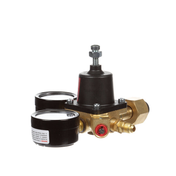 A black and gold Cornelius Co2 regulator assembly with two brass valves.