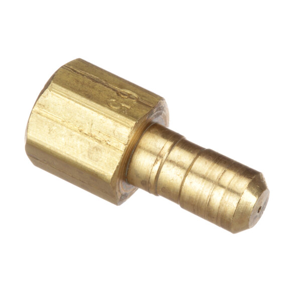 A close-up of a brass threaded pipe on a white background.