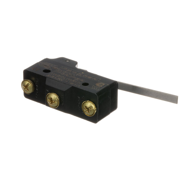 A Lang black electrical door switch with two brass screws.