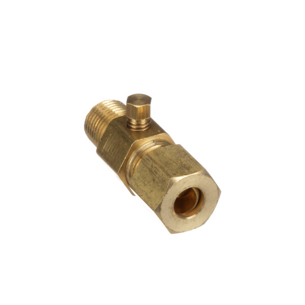A brass threaded gum valve with a nut on the end.
