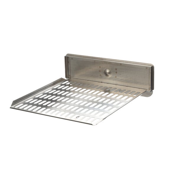 A stainless steel metal tray with a grate on it.