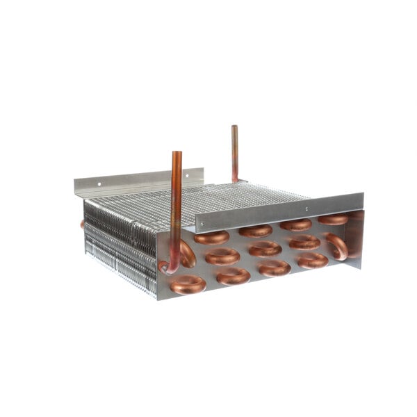 A close-up of a True Refrigeration condenser coil, a metal and copper tubed heat exchanger.