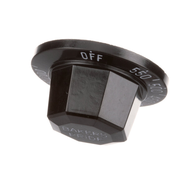 A black Bakers Pride knob with white text reading "off"