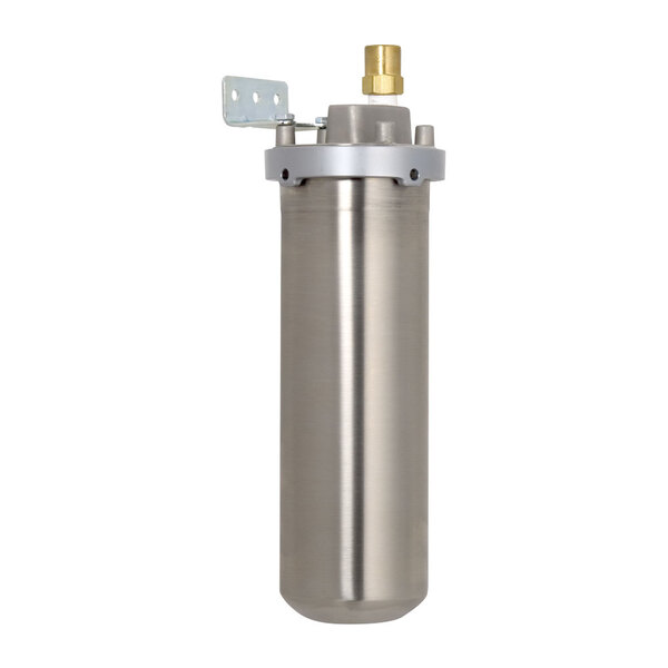 A stainless steel Bunn Easy Clear water filtration system with a gold handle.