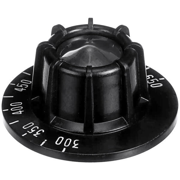A black plastic Bakers Pride thermostat knob with numbers.