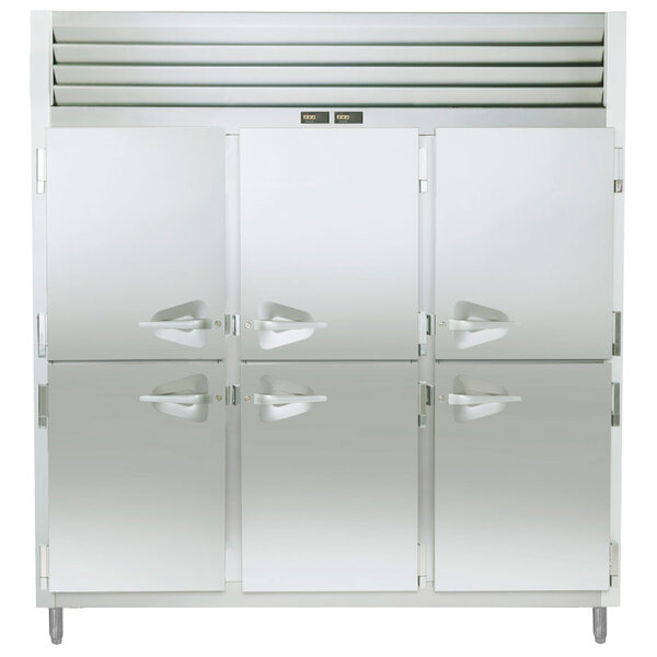 A stainless steel Traulsen refrigerator with white half doors and handles.