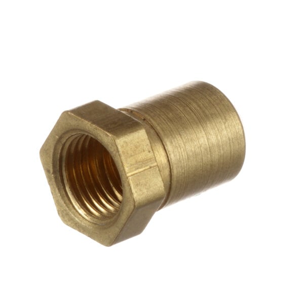 A brass threaded nut with a gold nut on a white background.