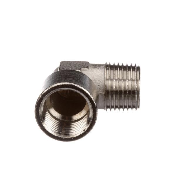 A stainless steel Blodgett pipe fitting with a threaded end.