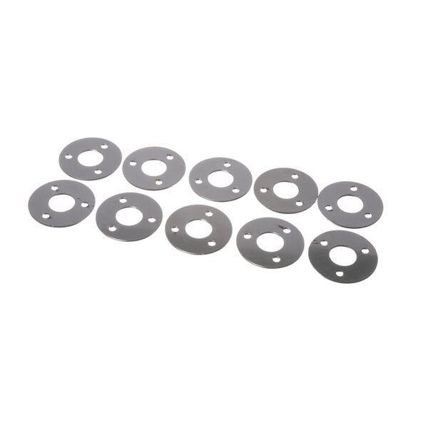 A group of silver round metal Antunes latch spacers.