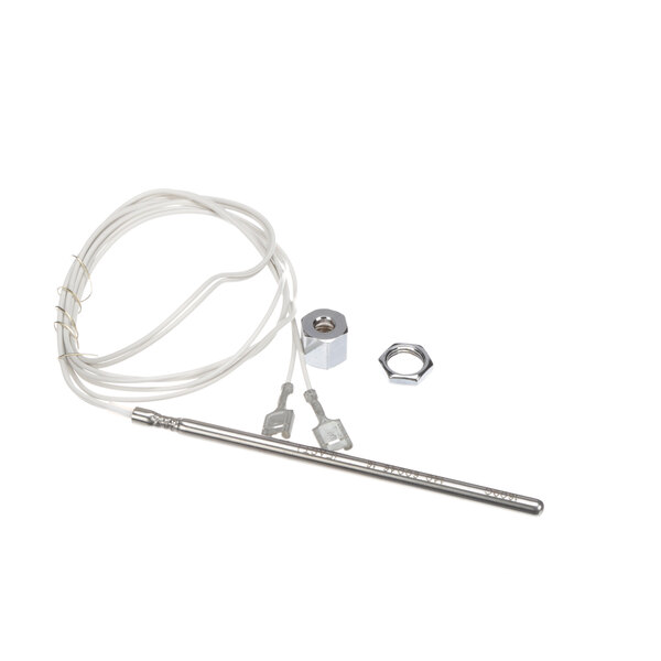 A metal rod with a white wire and nut.