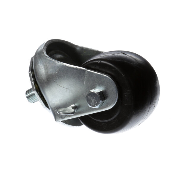 A metal and black True Refrigeration caster wheel with a metal bolt on it.