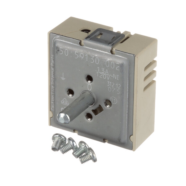 A small square metal switch with screws and nuts.