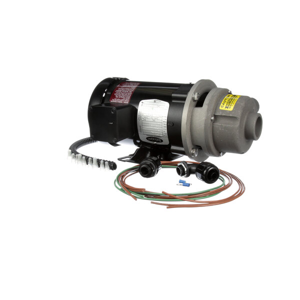 A black and grey electric motor with a pump and wires.