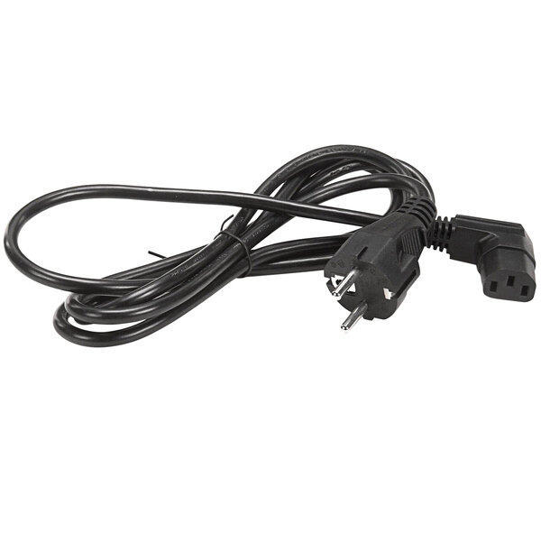 A black electrical cord with a black plug.