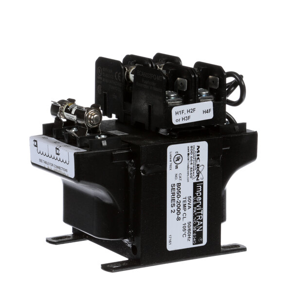 A black Salvajor transformer with two wires and white labels.