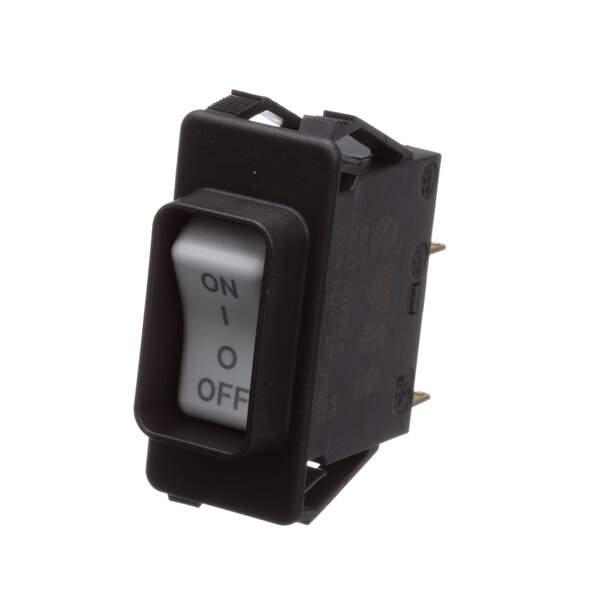 A black and white DPST circuit breaker switch with a white button.