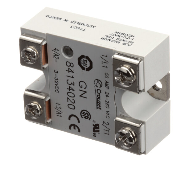 A white Antunes stainless steel relay with black text and silver screws.