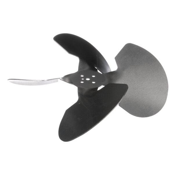 A black and silver metal fan motor blade.