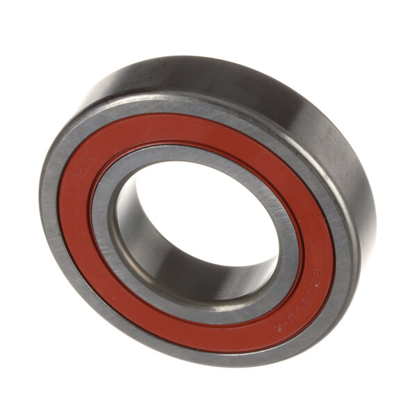 A close-up of a Globe ball bearing with red rubber seals.