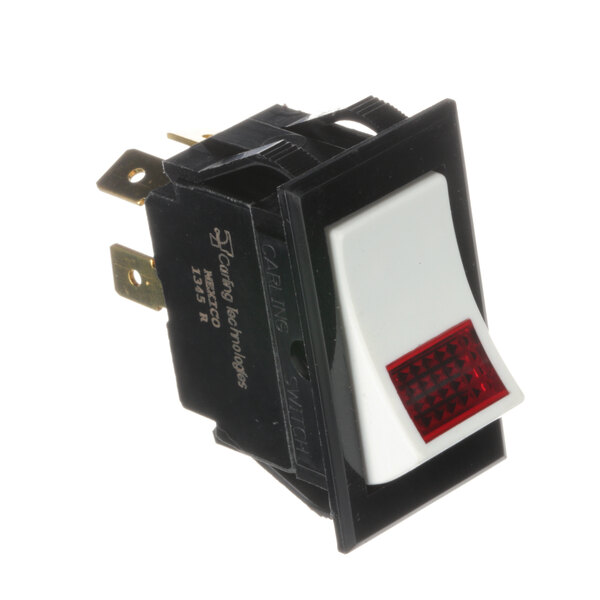 A Groen black and white rocker switch with a red light.