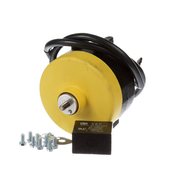 A yellow and black Delfield electric fan motor with screws.