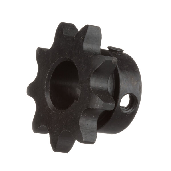 A black metal sprocket with holes in it.