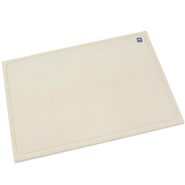 A white rectangular cutting board with a blue logo.