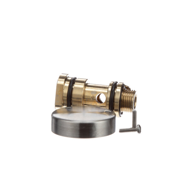 A brass and gold metal Cleveland steam outlet control assembly with screws and a round cap.