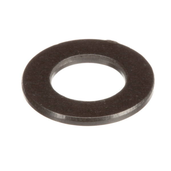 A close-up of a black circular metal washer.