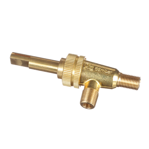A close-up of a brass Wells gas valve with a gold handle.