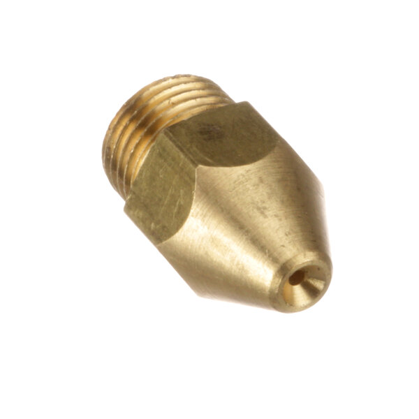 A brass threaded nozzle on a white background.